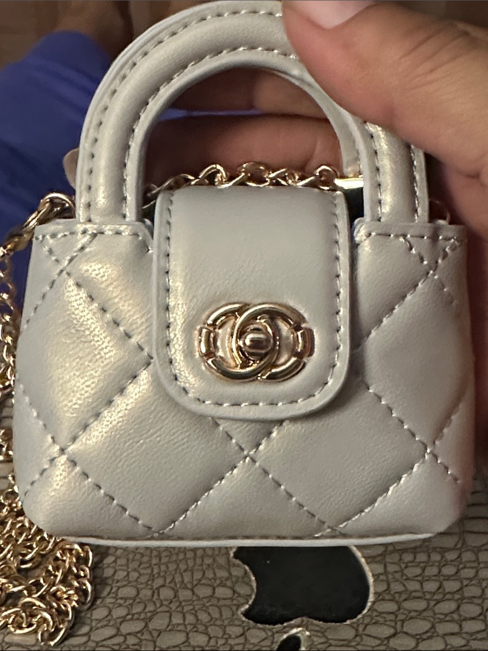 Quilted Mini Crossbody Bag in gray with Gold Chain
